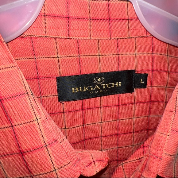 Bugatchi Uomo Orange Checker Plaid Button Down Short Sleeve Mens Shirt Size L. - Picture 2 of 7